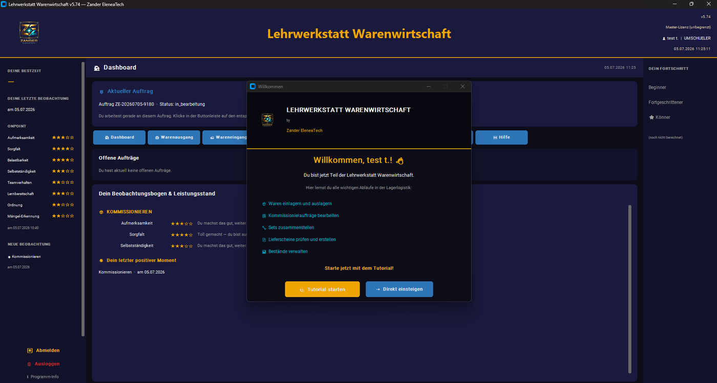 Teilnehmer-Dashboard mit Willkommen und dem Beobachtungsbogen mit Sterne-Bewertungen