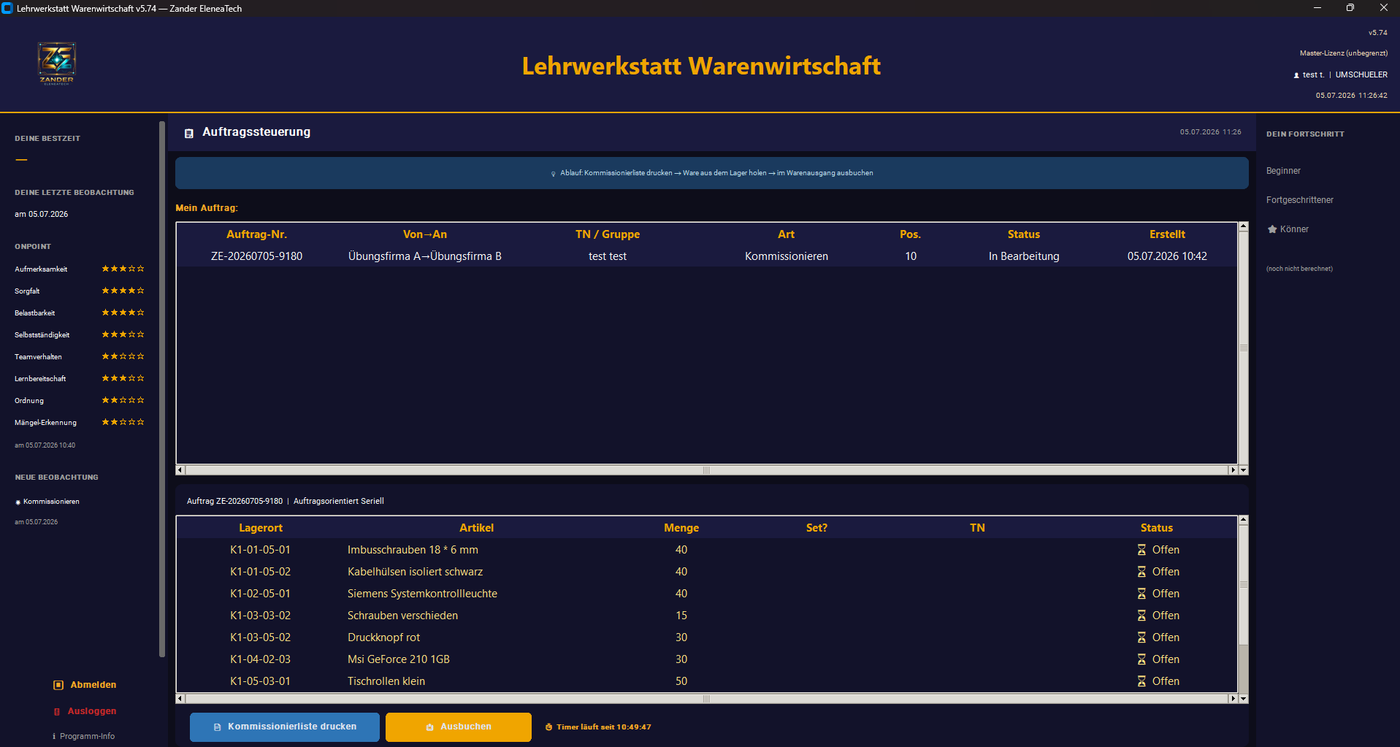 Auftrags-Ansicht mit Positionsliste, Kommissionierliste drucken und Ausbuchen