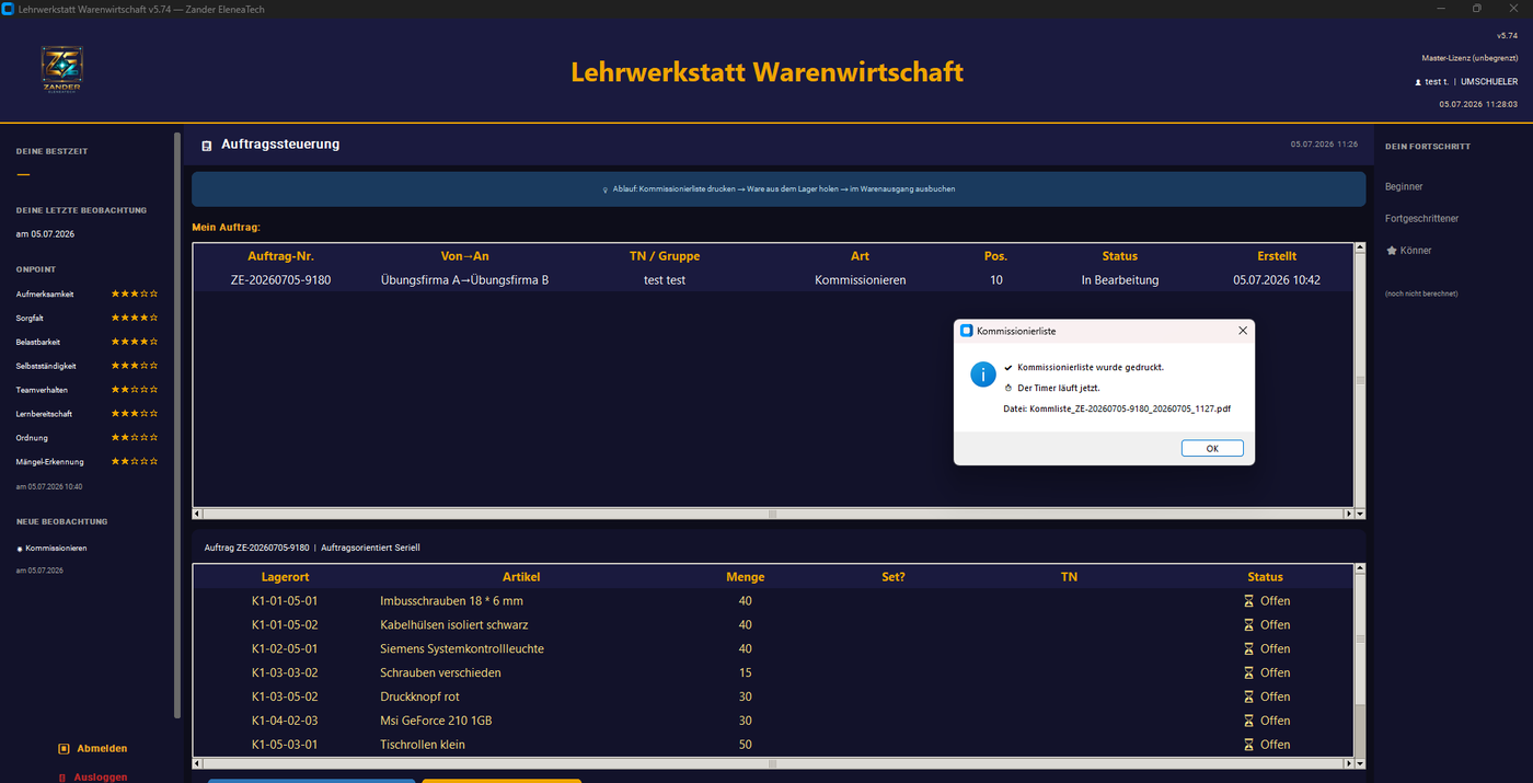 Bestätigung, dass die Kommissionierliste als PDF gedruckt wurde